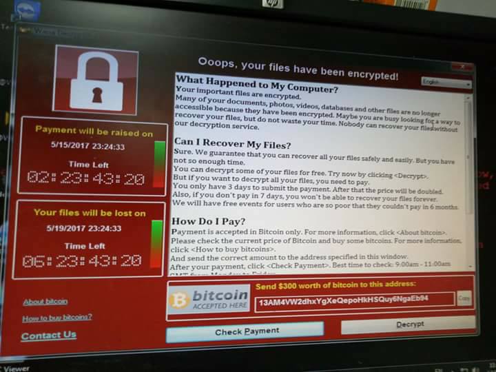 "WannaCry" demands payment in exchange for the user's data, as seen in this screenshot from an infected computer in Egypt.