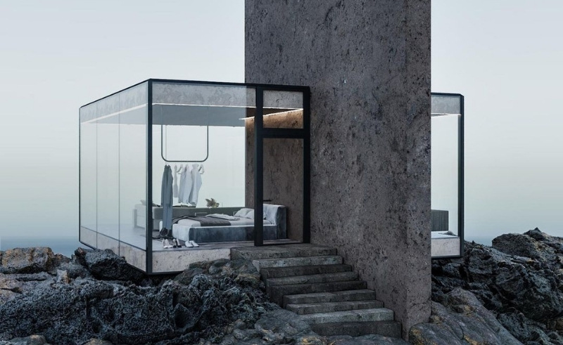 Glass & Stone Clash in This Minimal Cliff House Render by OR Studio